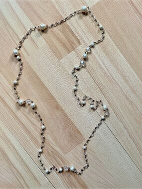 Vintage opera length Elegant Pearl and Crystal Long Necklace - pale pink